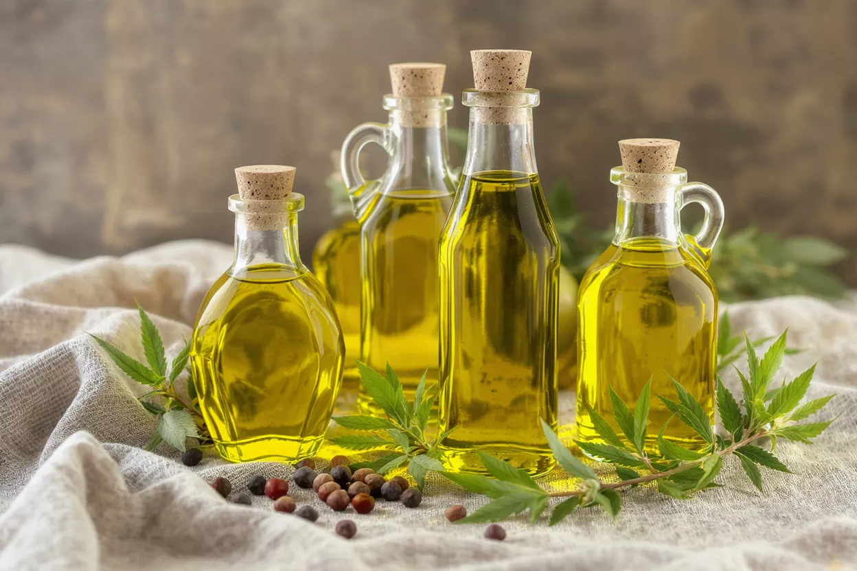 Several glass bottles of golden hemp oil with leaves and seeds on a linen cloth.