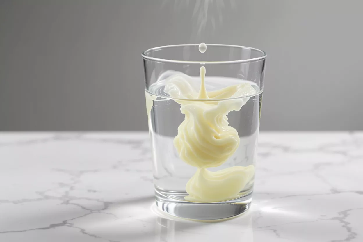 A glass of water with a cream-colored liquid splashing and swirling inside.