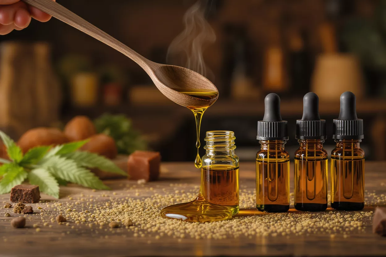 A wooden spoon pouring golden CBD oil into a small bottle, with other bottles.