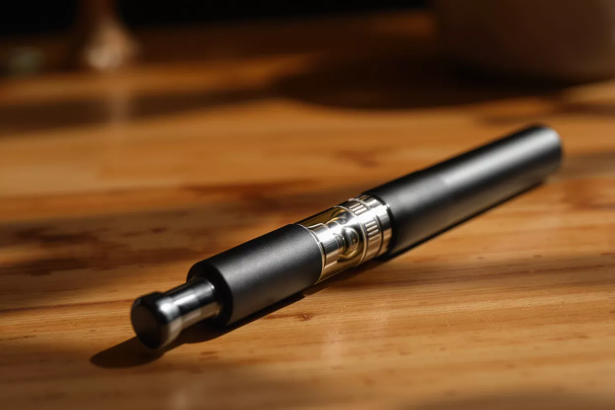 A black vape pen with silver accents rests on a warm wooden table.