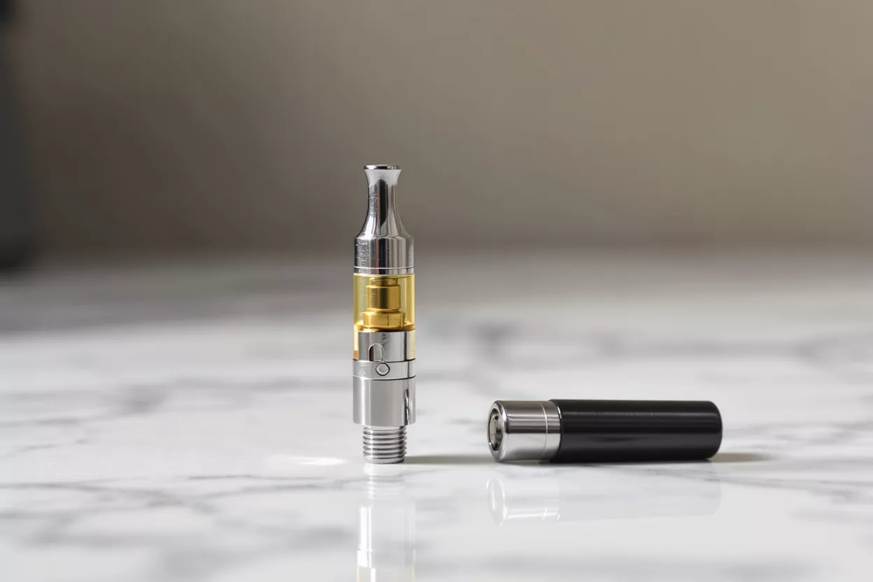 A vape cartridge with amber liquid next to a black vape battery on marble.