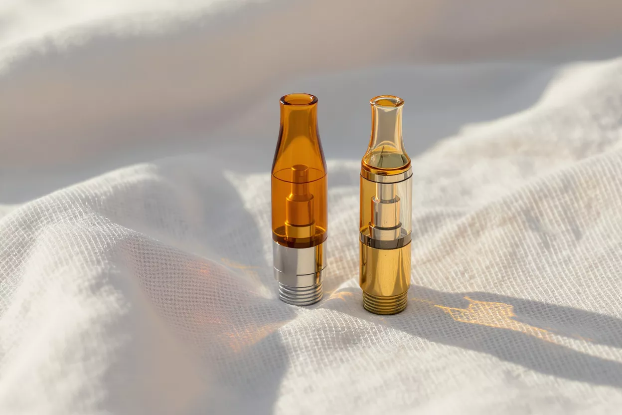 Two vape cartridges, one amber, one gold, on a white textured cloth.