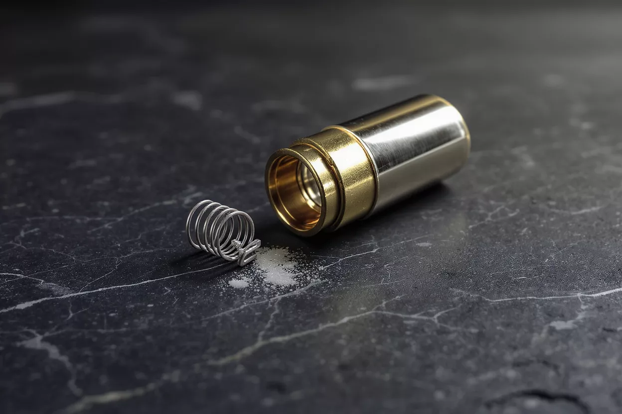 A metal capsule, spring, and white powder on a dark, textured surface.