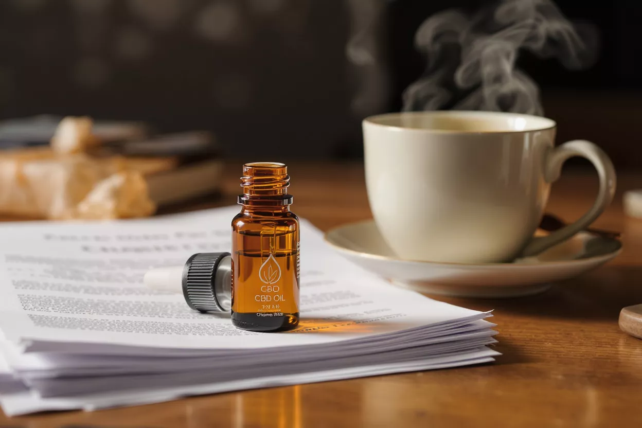 Aceite de CBD y café Frasco de aceite de CBD con gotero junto a una taza de café humeante sobre un escritorio de madera.