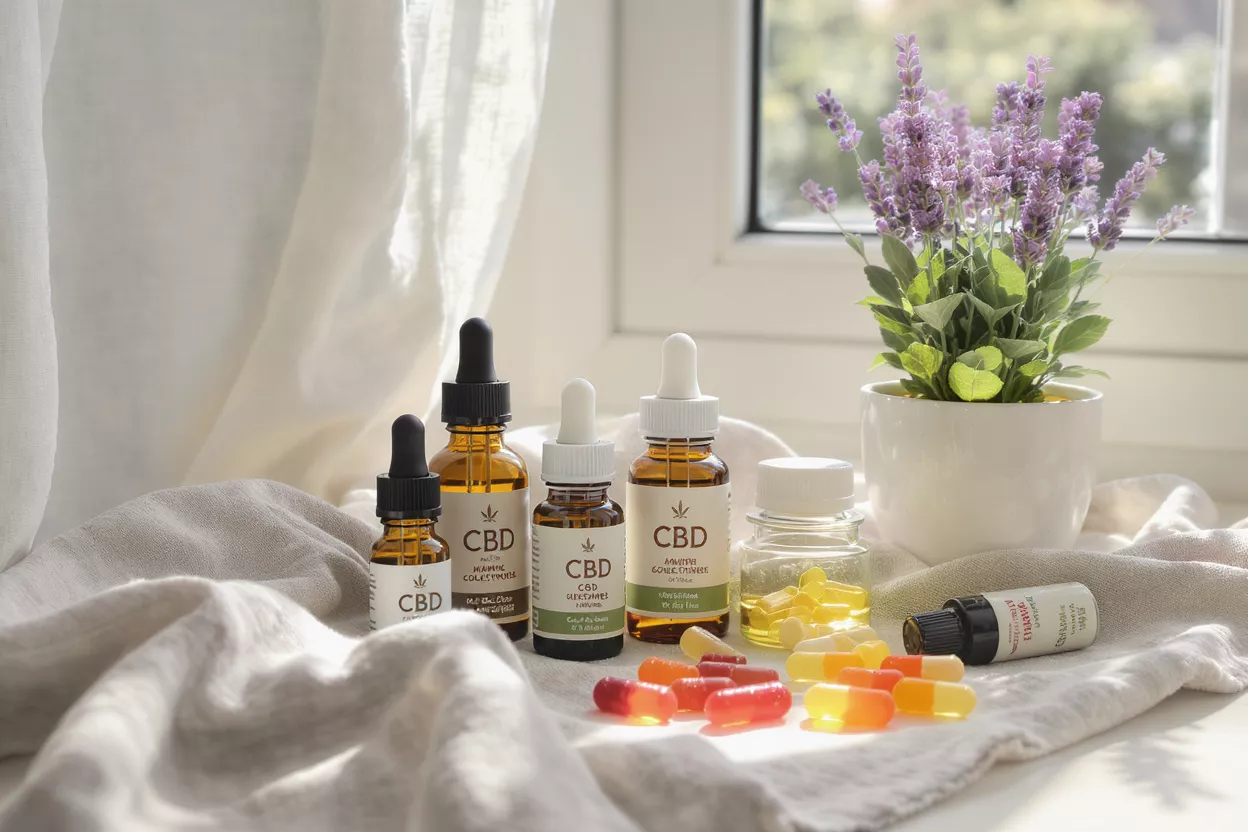 Surtido de productos CBD con lavanda Varios aceites, cápsulas, gominolas de CBD y una planta de lavanda junto a una ventana.