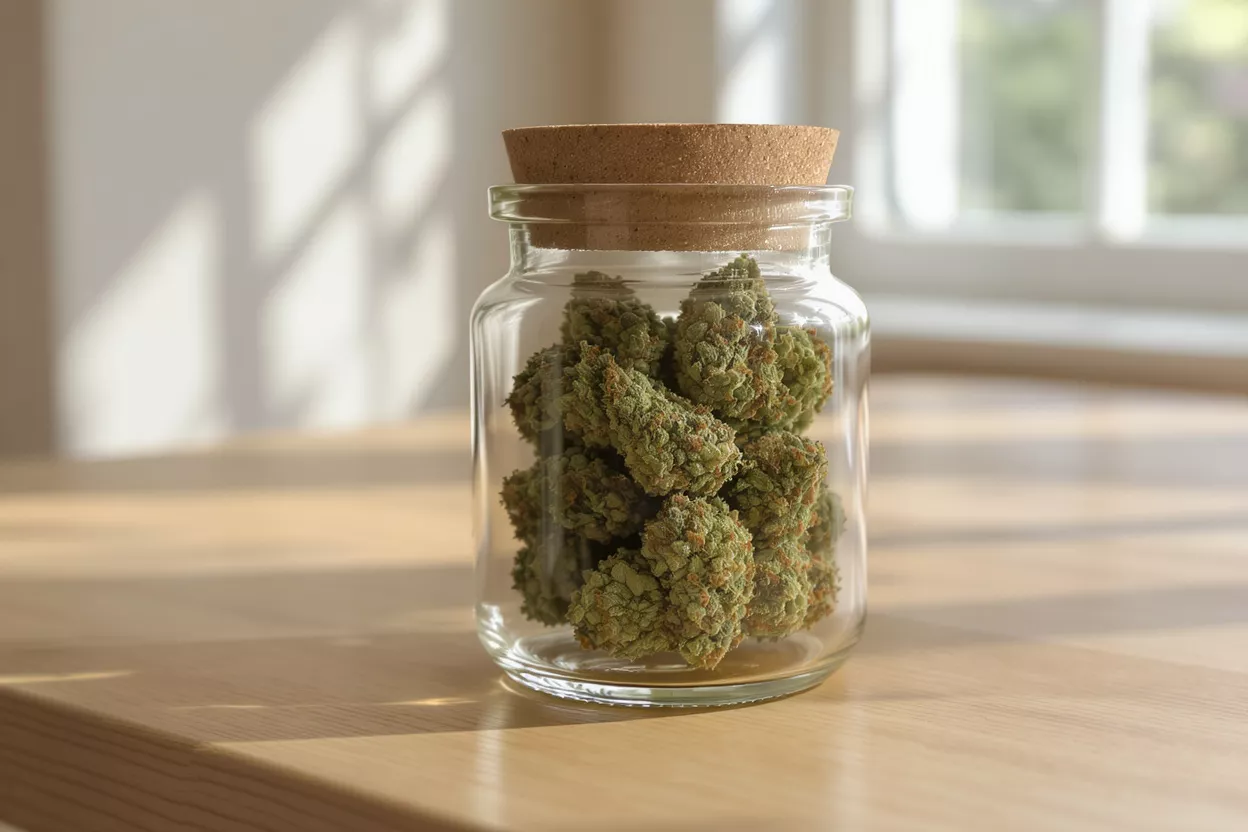 Cannabis Jar in Natural Light A glass jar filled with cannabis buds