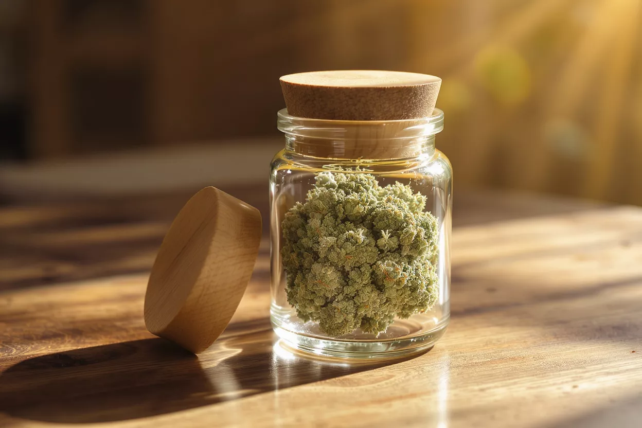 Cannabis Jar in Sunlight Glass jar containing cannabis buds with wooden lid