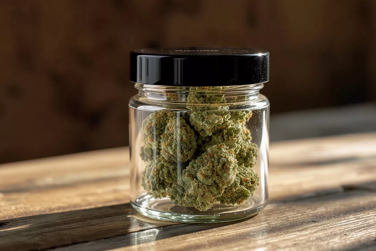 Cannabis in a Glass Jar Close-up of cannabis buds in a glass jar