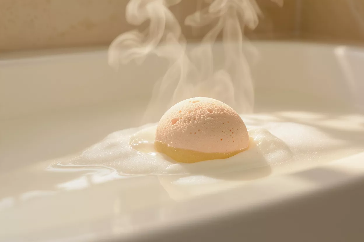 A pink bath bomb floating in steaming water