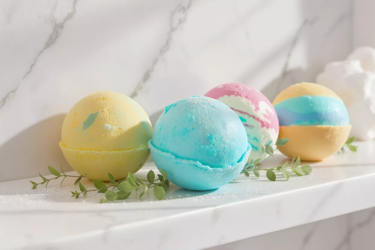 Four vibrant bath bombs in various colors on a shelf