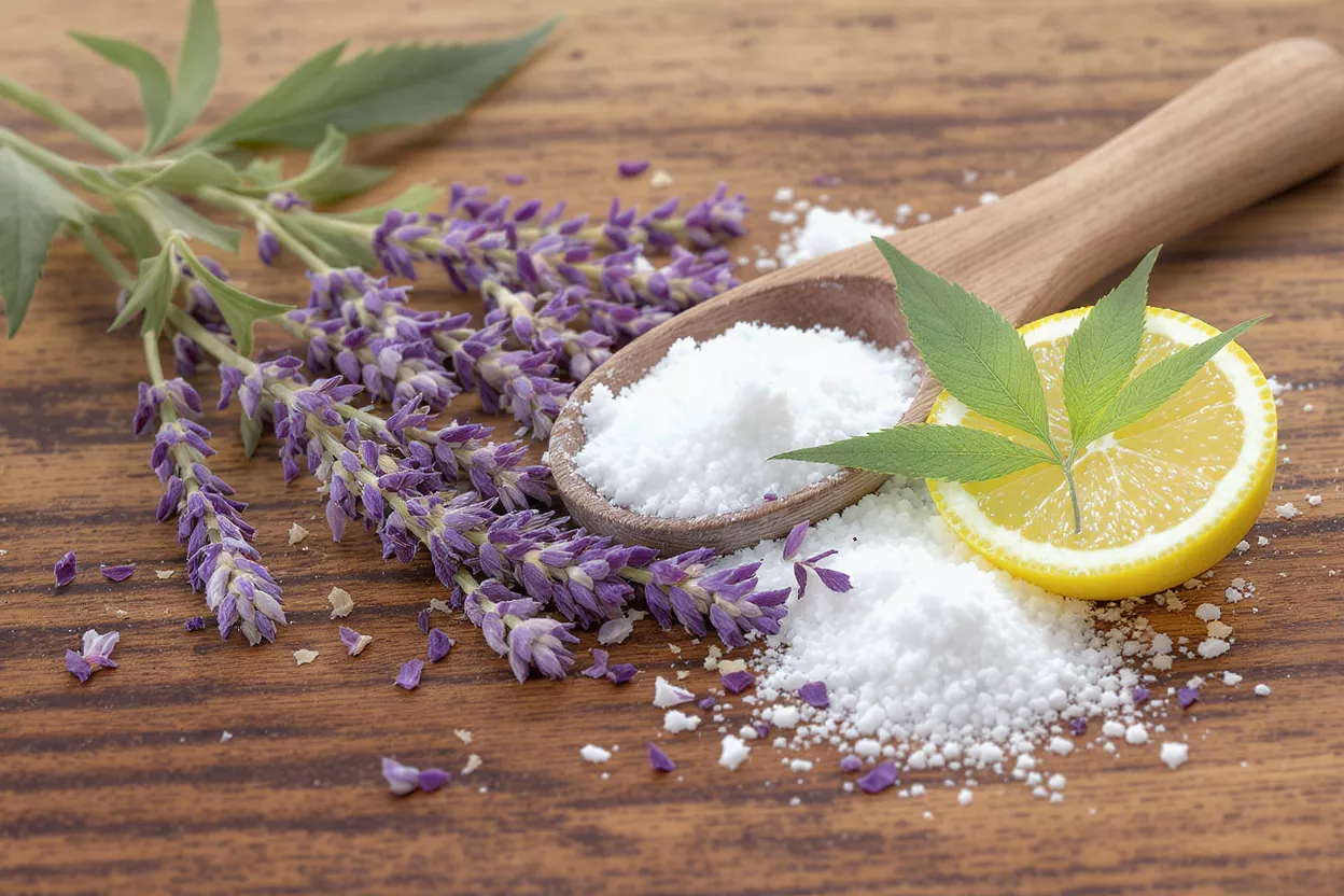 Lavender sprigs, salt, and lemon slice on wooden surface