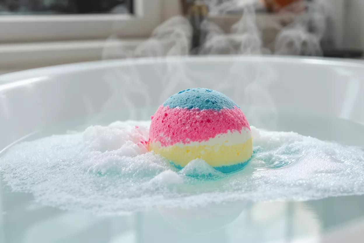 A vibrant, striped bath bomb dissolving in a white bathtub with steam rising.