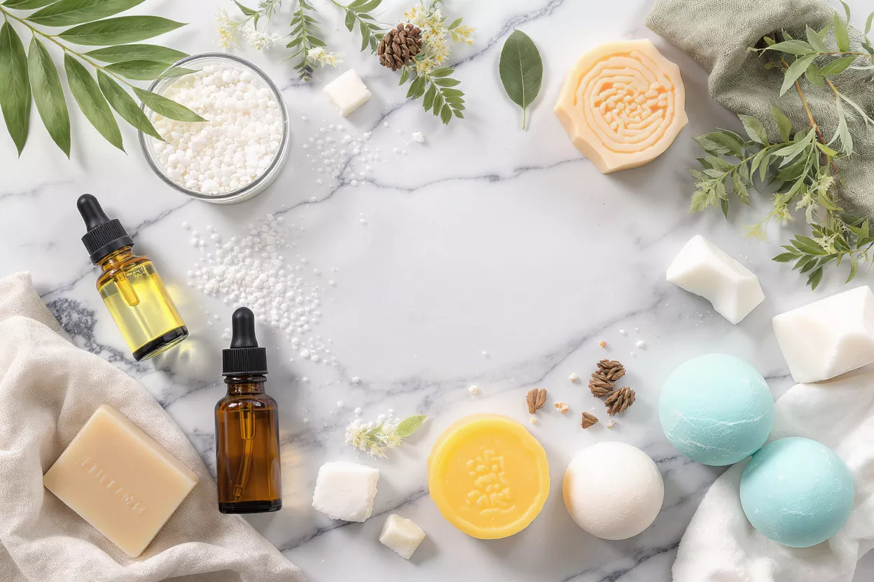 Various natural skincare products on a white marble background with green leaves.
