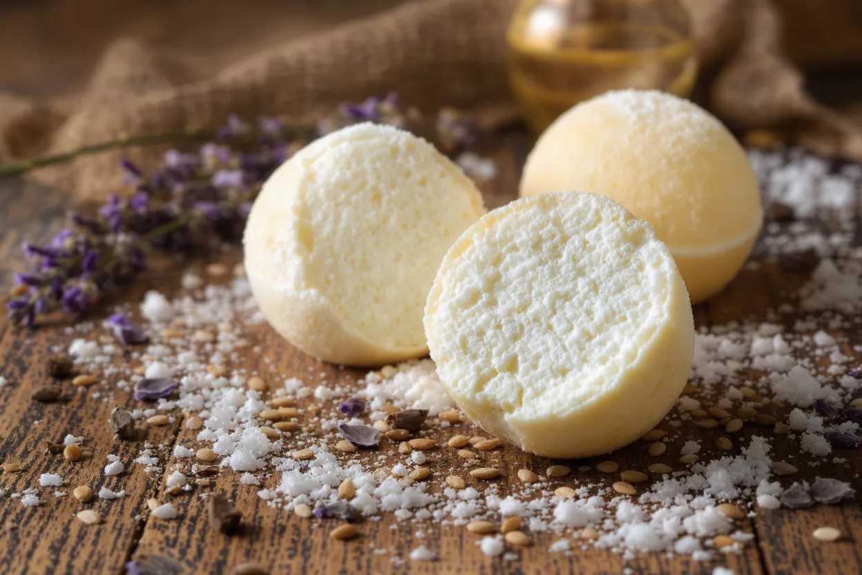 Bomba de baño y aceite de lavanda Tres bombas de baño amarillas con lavanda, sal y aceite sobre una superficie de madera.