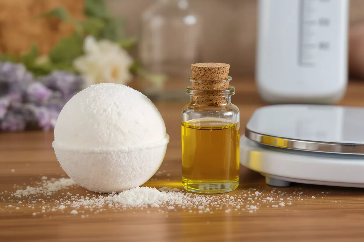 White bath bomb, essential oil, and digital scale on a wooden surface.