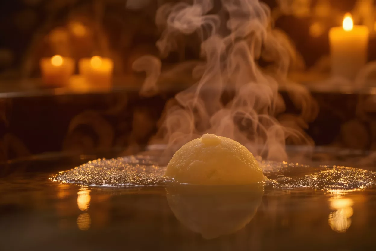 Bomba de baño humeante con velas Una bomba de baño amarilla burbujea en el agua, liberando vapor, con velas desenfocadas al fondo.