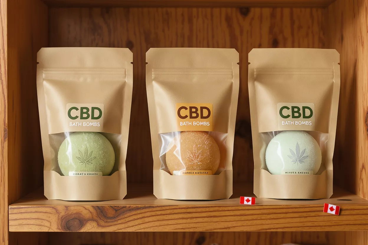 Bombas de baño con CBD Tres bombas de baño con CBD en envases de papel kraft sobre un estante de madera.