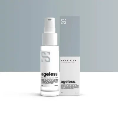 Ageless Skincare Serum in minimalist white packaging on a gray background.