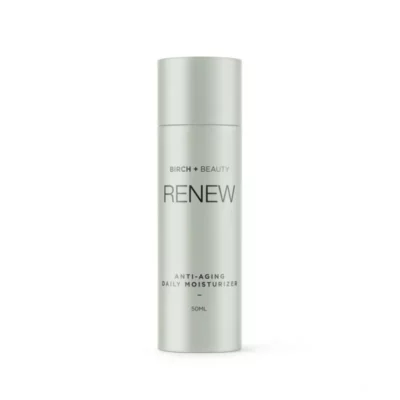 Birch + Beauty Renew 50ml Anti-Aging Daily Moisturizer in Sleek Silver Packaging.