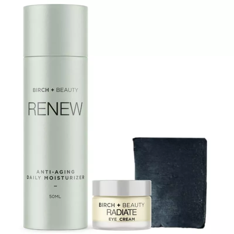 Birch + Beauty Renew 50ml Anti-Aging Daily Moisturizer in Sleek Silver Packaging.