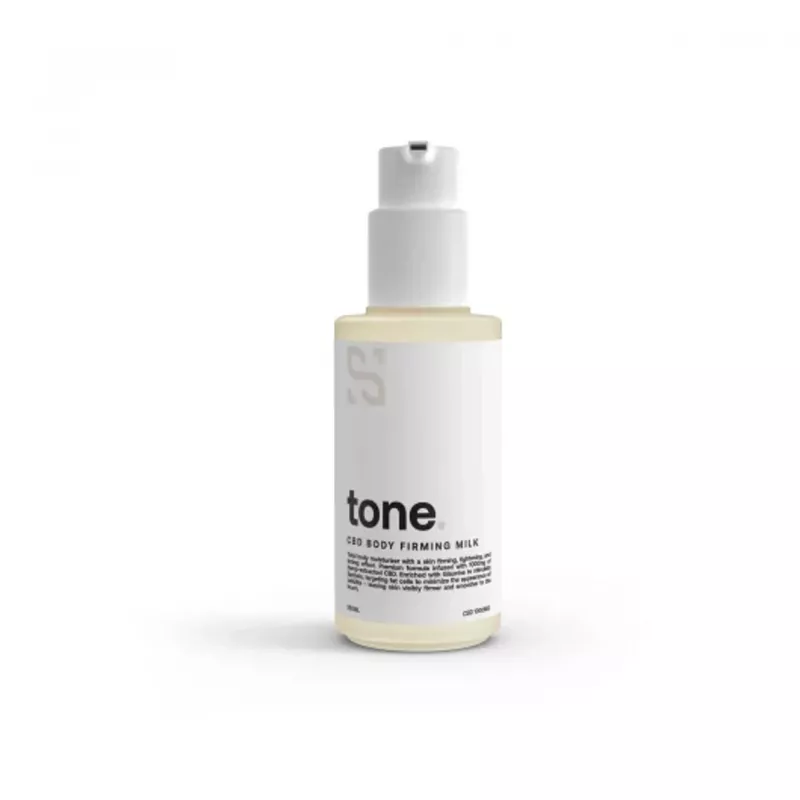Sensitiva Tone CBD Body Firming Milk lotion with pump dispenser on white background.