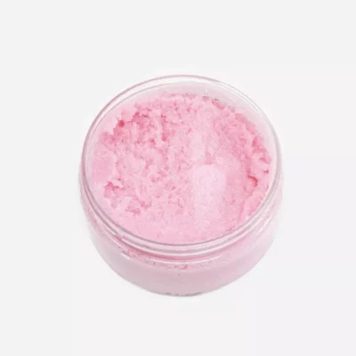 Delush Pink CBD Body Scrub in transparent jar, perfect for exfoliation.