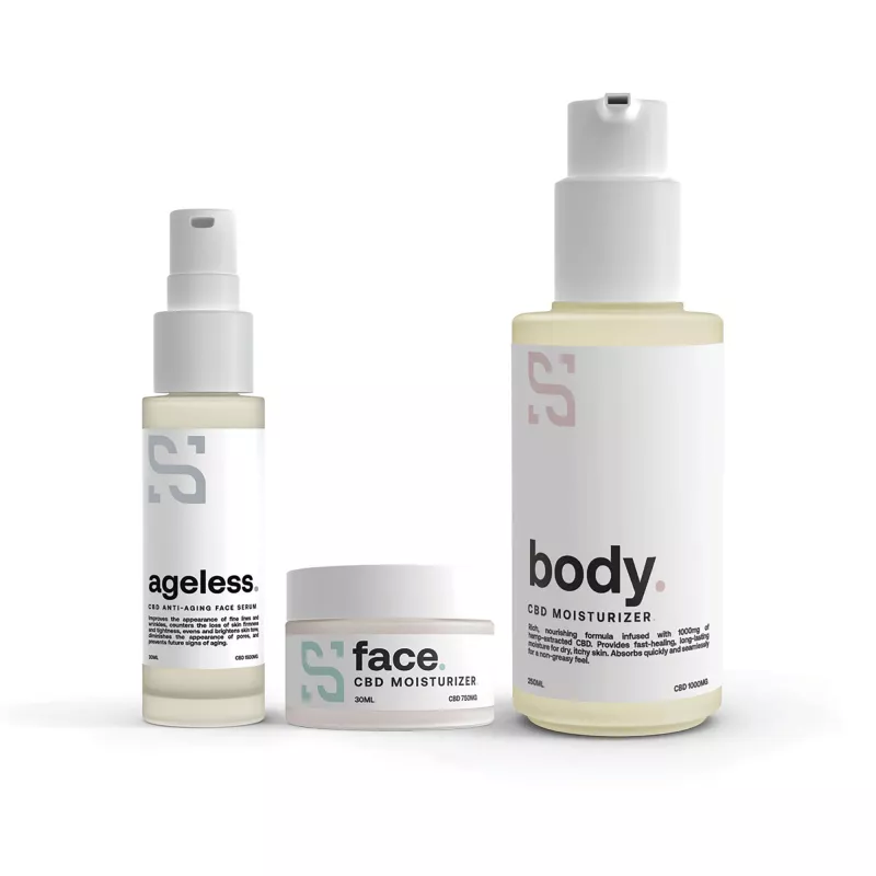 CBD Skincare Trio: Ageless Serum, Face & Body Moisturizers with Sleek Branding.
