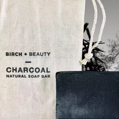 Birch + Beauty Charcoal Soap Bar with natural ingredients and eco-friendly design.