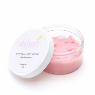 Delush 85g Pink Watermelon CBD Whipped Soap Scrub for exfoliation and skin wellness.