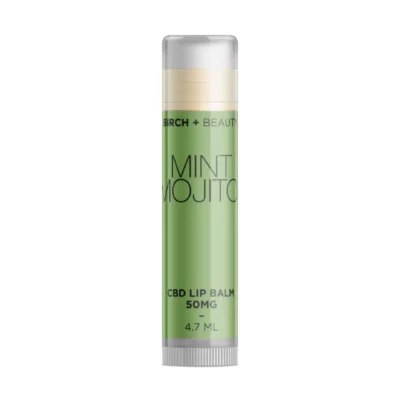 Birch + Beauty Mint Mojito CBD Lip Balm, 50mg, 4.7ml tube with green gradient label.