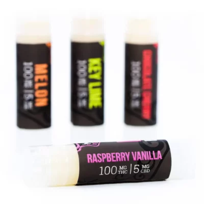 Cannabis-Infused Raspberry Vanilla Lip Balm with THC and CBD by MOTA.