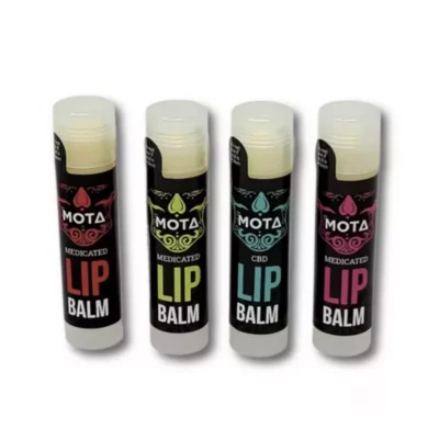 Four MOTA lip balms with medicated and CBD options, vibrant packaging on white background.