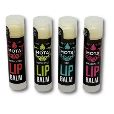 MOTA Medicated and CBD Lip Balms with Colorful Labels on White Background