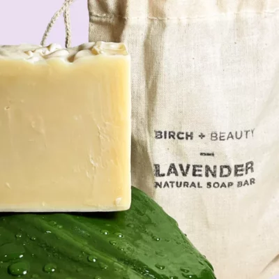 Handcrafted Birch & Beauty Lavender Soap on Dewy Leaf with Branded Canvas Bag.