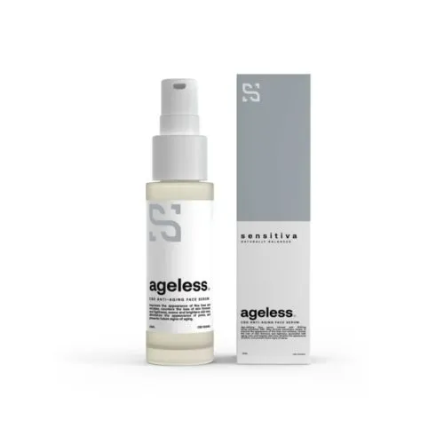 Sensitiva Ageless Skincare Spray bottle with branded gray gradient box.