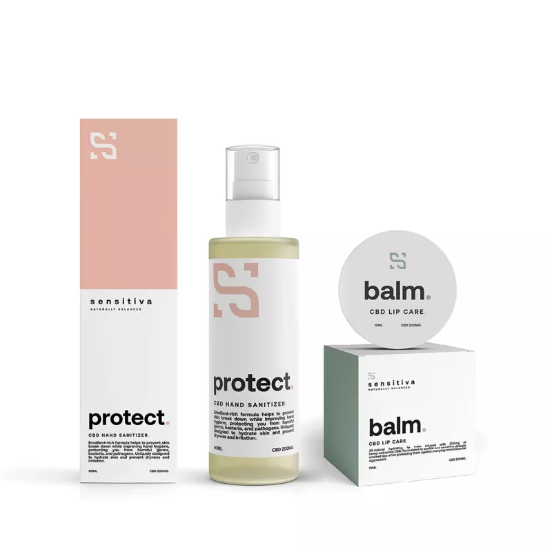 Sensitiva CBD hand sanitizer and lip balm set with modern, minimalistic branding.