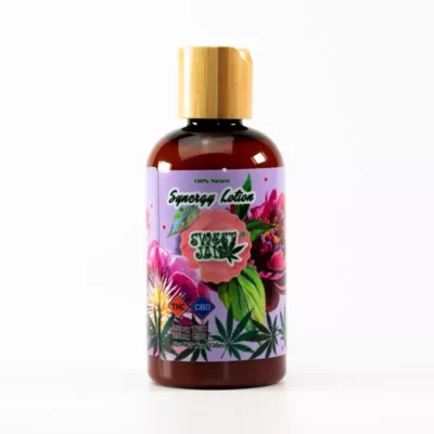 Sweet Jane Hemp Lotion with 200mg THC/CBD, natural ingredients, and floral design.