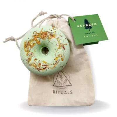 Rituals Tangerine CBD Forest bath bomb for relaxation on eco-friendly drawstring bag.