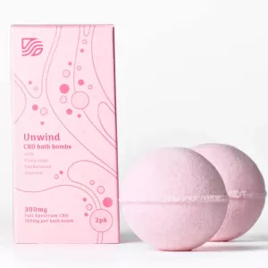 Unwind CBD bath bombs, pale pink box, 300mg Full Spectrum CBD, 2-pack.