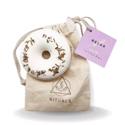 Rituals lavender and patchouli bath bomb in a RELAX drawstring bag for aromatherapy.