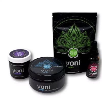 Yoni wellness products with cannabis for menstrual relief - body balm, bath soak, tea, tincture.