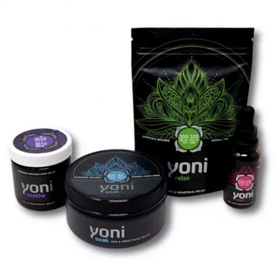 Yoni cannabis-infused PMS relief collection with bath soak, balm, tea, and tincture.