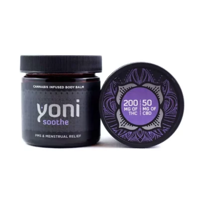 Yoni Soothe balm with 200mg THC, 50mg CBD for PMS relief, purple lotus label design.