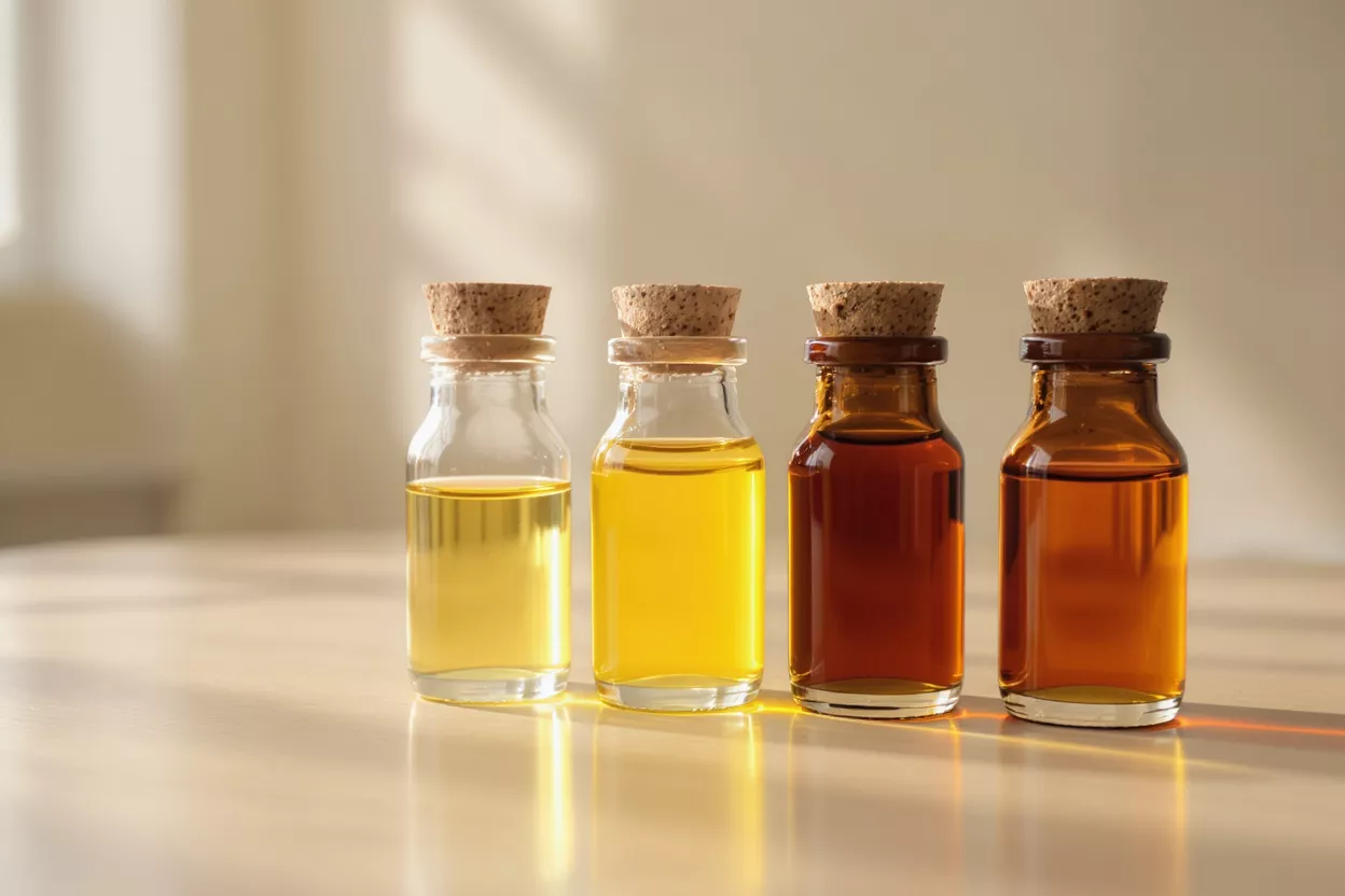Four glass bottles containing various oils on a table