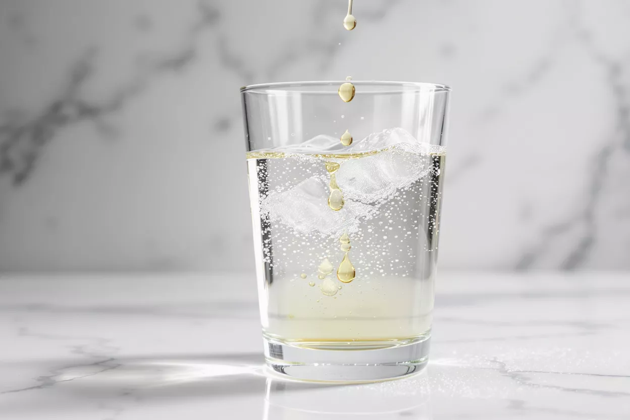 A glass of carbonated drink with ice cubes