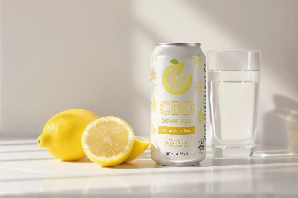Can of CBD beverage beside a lemon and glass of water