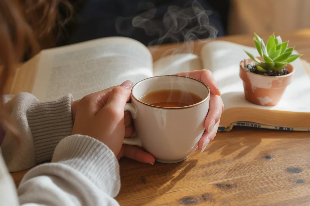 Person holding a cup of tea beside an open book