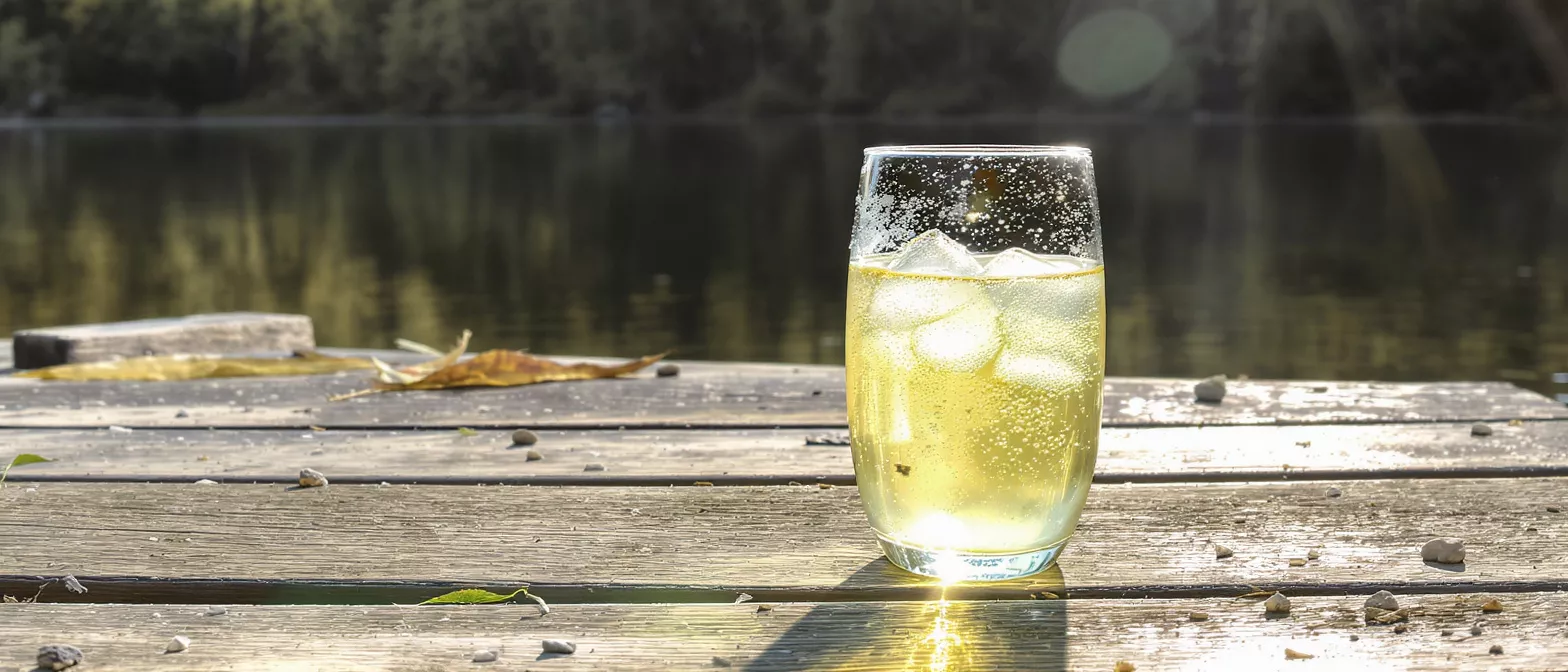 A glass of sparkling drink with ice on a wooden dock