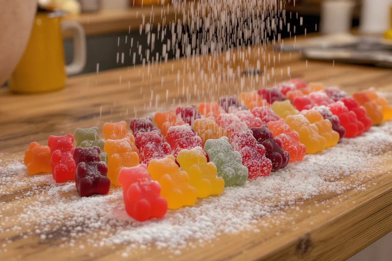 Colorful gummy bears sprinkled with powdered sugar