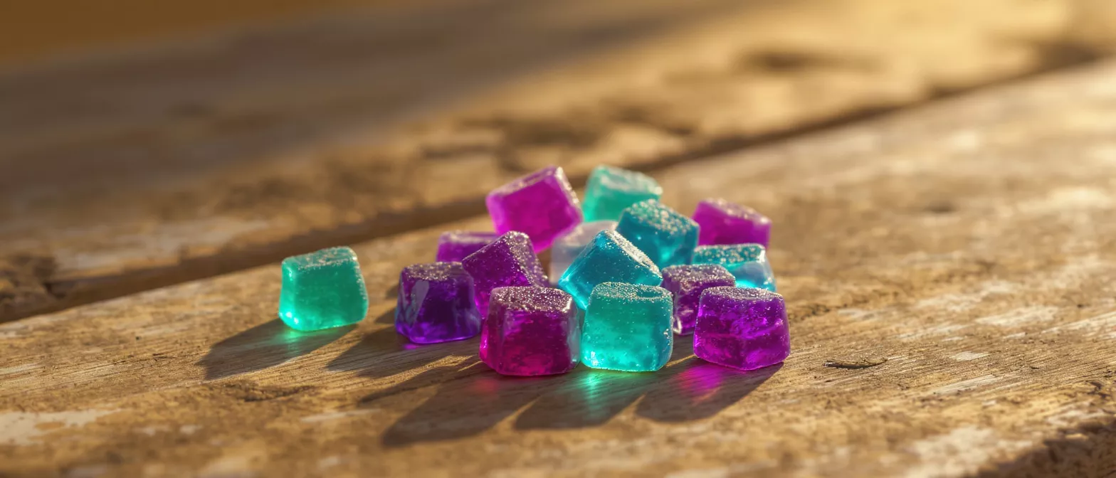 Vibrant gummy candies in various colors on wood